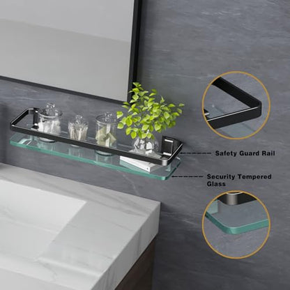 Bathroom Wall Shelf 15.7in Bathroom Glass Shelves Wall Mount Glass Shelf Rustproof Bathroom Wall Organizer 3 Tier (Black)