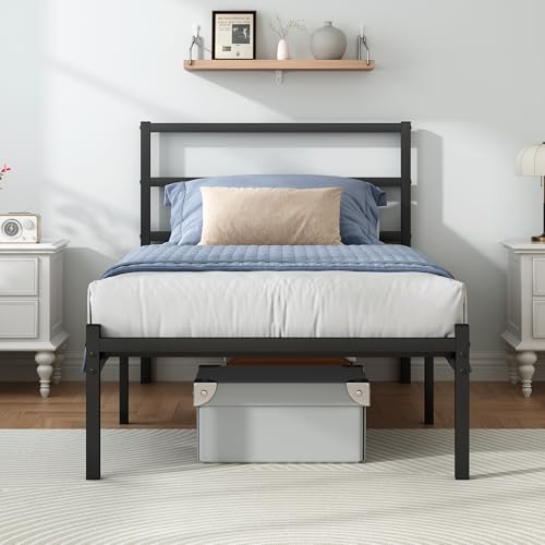 Twin Bed Frames with Headboard and Footboard, 14 Inch Metal Platform Twin Size Bed Frame with Steel Slat Support, No Box Spring Needed, Noise Free, Easy Assembly, Black