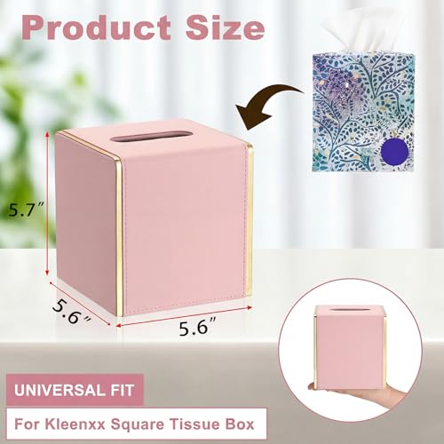 Sumnacon PU Square Tissue Box Cover, Magnetic Bottom, Waterproof, Pink | Stylish Cube Tissue Box Holder with Gold Edging Fits Vanity, Toilet Tank, Dresser, Nightstand, Table, Countertop, Office, Car