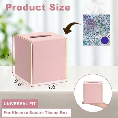 Sumnacon PU Square Tissue Box Cover, Magnetic Bottom, Waterproof, Pink | Stylish Cube Tissue Box Holder with Gold Edging Fits Vanity, Toilet Tank, Dresser, Nightstand, Table, Countertop, Office, Car