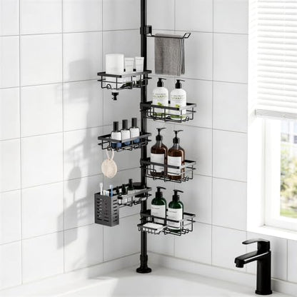 Shower Caddy Organizer Tension Pole, Corner Shower Shelves Bathroom Storage | 6 Tier Shelf, Rustproof 30-120’’ Adjustable, Towel Bar&Soap Dish for Bathroom Organizers, Shower Rack for Inside Shower,Black