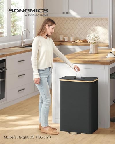 SONGMICS Recycling Bin for Kitchen 26.4 Gallon. Bottle Recycling Container, Collection Bin, for Metal, Plastic, Paper, Glass, Inner Bag with Handles, Kitchen, Ink Black and Natural Beige URRB509B01