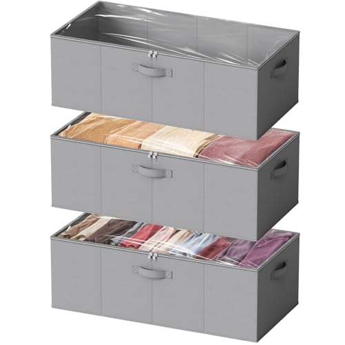 SpaceAid 3 Pack 10" High Under Bed Storage Containers, Large Underbed Storage Organizer Bins with Lids for Bedroom, Dorm, Clothes, Closet Organization, Bed Sheets and Blankets (Gray)