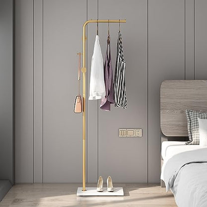 Gold Coat Racks, Metal Coat Racks Freestanding with Crossbar and 3 Hooks, Modern Coat Hanger with Marble Base, L Shaped Coat Stand for Entryway, Bedroom, Living Room, Office