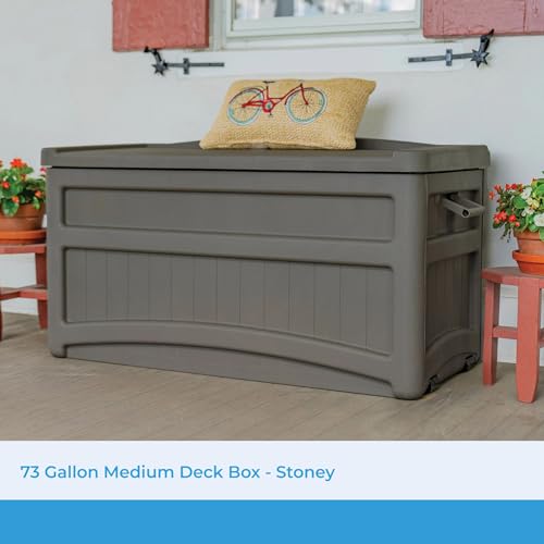 Suncast 73 Gal, Resin Deck Box with Wheels, Handles and Seat, Stoney