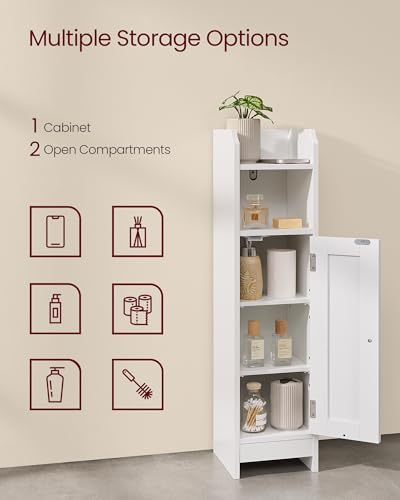 VASAGLE Small Storage Corner Floor Cabinet with Door, 7.9 x 7.1 x 31.5 Inches, Narrow Toilet Paper Storage Holder, Adjustable Shelves, for Bathroom, Living Room, Small Spaces, Cloud White UBBC310W01