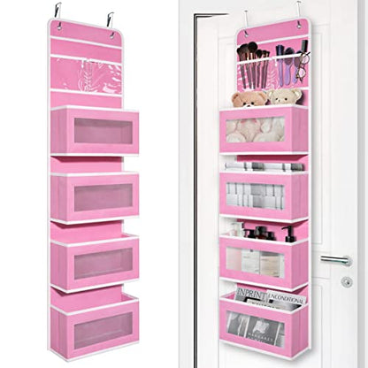 Giraffe Creation Pink Over Door Organizer with 4 Large Clear Pockets, Hanging Door Storage for Nursery, Bedroom, Bathroom, Closet, Toys, Diapers, Cosmetics, Baby Essentials