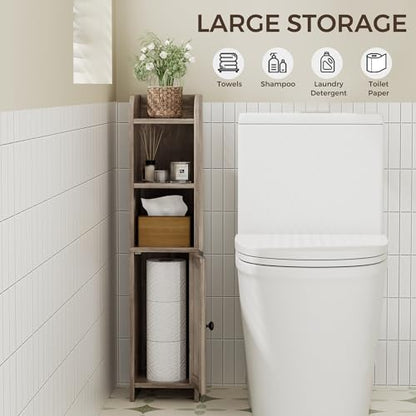 Small Bathroom Storage Cabinet, Narrow Toilet Paper Cabinet | Corner Floor Cabinet with Door and Shelves, Slim Bathroom Cabinet for Small Spaces, 7.9" D x 7.1" W x 31" H, Greige
