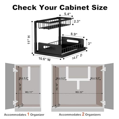 Under Sink Organizer, L-Shaped Pull Out Cabinet Organizer, Kitchen | 2 Tier Metal Slide Out Shelf for Kitchen, Bathroom, Laundry, and Utility Cabinet Storage for Deep Cabinets, Black, 1 Pack