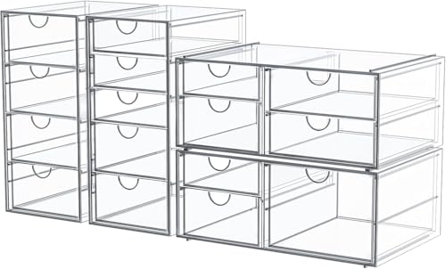 4-Pack Acrylic 16-Drawer Storage & Makeup Organizer for Desk | Smooth-glide drawers, clear acrylic, stackable, dustproof, wipe clean, for office supplies, pens, jewelry, makeup