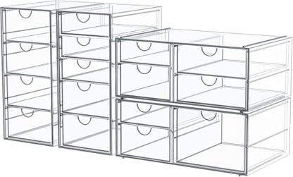 4-Pack Acrylic 16-Drawer Storage & Makeup Organizer for Desk | Smooth-glide drawers, clear acrylic, stackable, dustproof, wipe clean, for office supplies, pens, jewelry, makeup