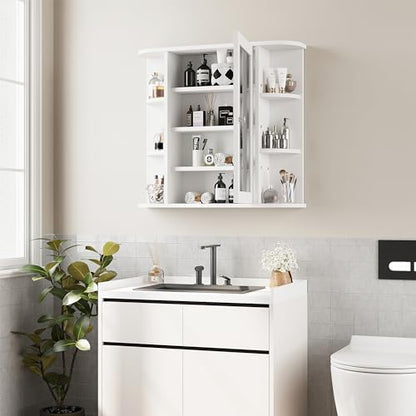 Shintenchi Bathroom Medicine Cabinet with Mirror, Wall Mounted, White | Mirrored Door Over the Toilet Storage, with 4 Internal and 6 Open Shelves, Storage Organizer Cupboard, Easy to Assemble