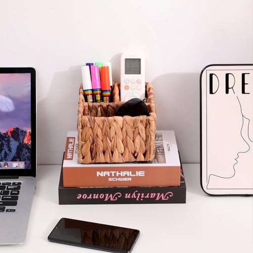 Hand Woven Wicker Remote Control Holder with 3 Compartments-Natural | Water Hyacinth Storage Basket,Cosmetic Storage Box for Desk,Home Organization