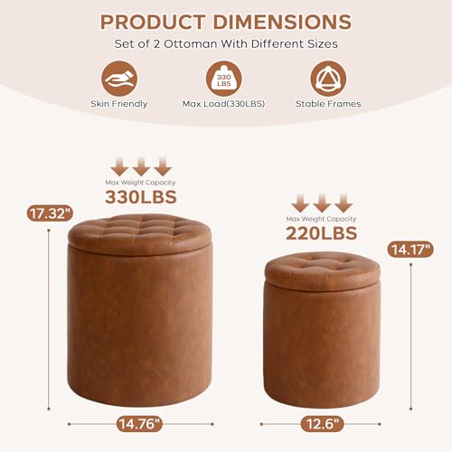 Leather Storage Ottoman Round, Foot Stool with Storage for Living Room