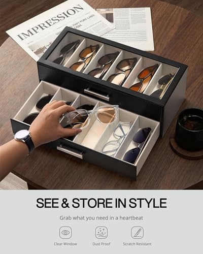 ProCase Sunglasses Organizer Box with Clear Glass Lid, PU Leather Eyeglass Storage Display Case for Men and Women