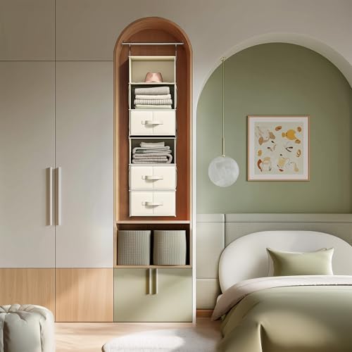 6-Shelf Hanging Closet Organizer with 3 Drawers, 2-in-1 Design, Beige | Converts into Two 3-Shelf Organizers, Foldable Drawers, Side Pockets, Ideal for Wardrobe, Nursery, Dorm & Closet Storage