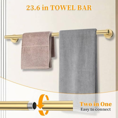 Brushed Gold Towel Bar Set 10 Pieces Round Bathroom Hardware Set Includes 23.6in Towel Bar Towel Ring Toilet Paper Holder Towel Hooks Stainless Steel Wall-Mounted Bathroom Towel Holder Set