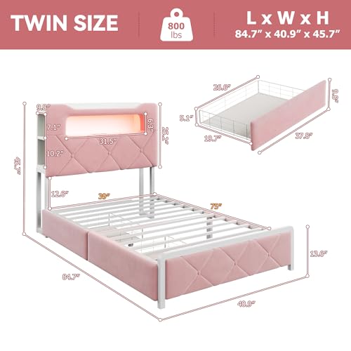 Twin Upholstered LED Bed Frame with 2 Storage Drawers and 2-Tier Storage Bookcase Headboard, Velvet Princess Platform Bed for Kids/Girls/Boys, Heavy Duty Metal Support, No Box Spring Needed, Pink