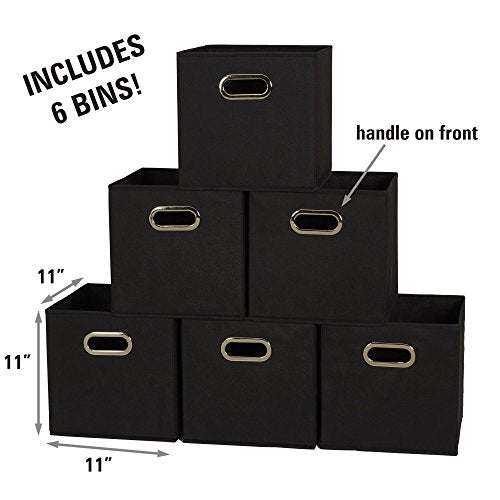 Household Essentials Foldable Fabric Storage Bins 6 Piece Set, Strong Poly-Woven Fabric, Sturdy Chipboard Sides, Grommet Front Handle, Stackable, Classic Design, Black