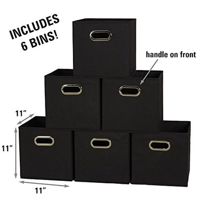 Household Essentials Foldable Fabric Storage Bins 6 Piece Set, Strong Poly-Woven Fabric, Sturdy Chipboard Sides, Grommet Front Handle, Stackable, Classic Design, Black