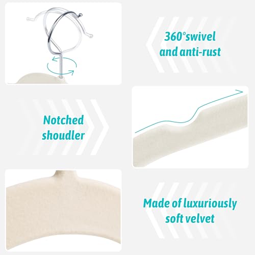 Velvet Hangers 30 Pack, Non-Slip Slim Felt Clothes Hangers Beige | Space-Saving Closet Organization; Flocked Surface; 360° Swivel Hooks; For Shirts, Coats, Dresses, Blouses