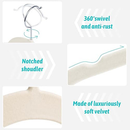 Velvet Hangers 30 Pack, Non-Slip Slim Felt Clothes Hangers Beige | Space-Saving Closet Organization; Flocked Surface; 360° Swivel Hooks; For Shirts, Coats, Dresses, Blouses