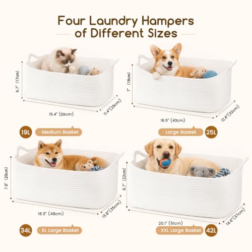 OIASKET Large Empty Cotton Rope Gift Basket with Handles, 16.5"x12.6"x7" Decorative Woven Storage Basket with Gift Bag and Ribbon Set for Baby Shower, Toy Organizer for Kids, Dogs & Cats - White