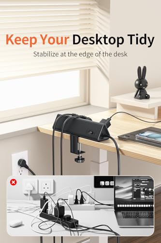 6.5 FT Desk Clamp Power Strip with 5 AC Outlets & 6 USB Ports PD 40W USB-C Fast Charging, Extension Cord with Multiple Outlets, Fits 2.1 in top Edge Black