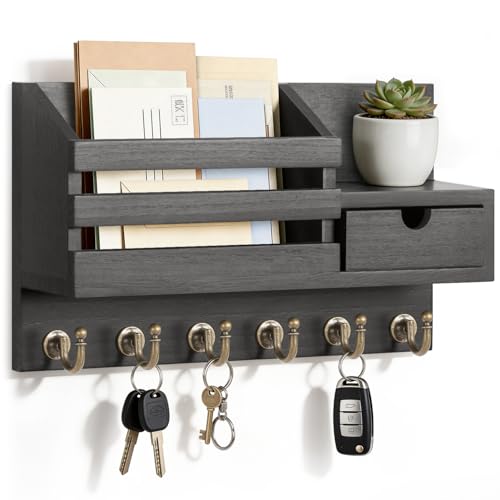 FifthQuarter Key and Mail Holder Wall Mount with Drawer and 6 Sturdy Hooks | Wooden Entryway Organizer and Decorative, Easy Installation