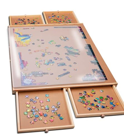 PlayVibe 1000 Piece Puzzle Board with Drawers & Cover - Wooden Tray | Portable wood jigsaw tray - 4 drawers - protective cover - sturdy - Use for family game night, travel & gifts