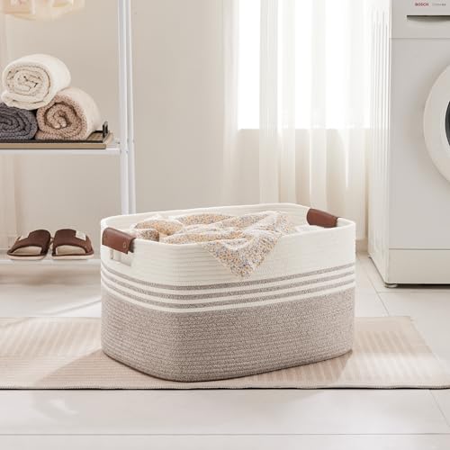 72L Large Woven Laundry Basket Hamper with Leather Handles,Brown | collapsible wicker hamper, storage for dirty clothes, toys, blankets, gifts, living room, bedroom, bathroom, 22"x17"x12"