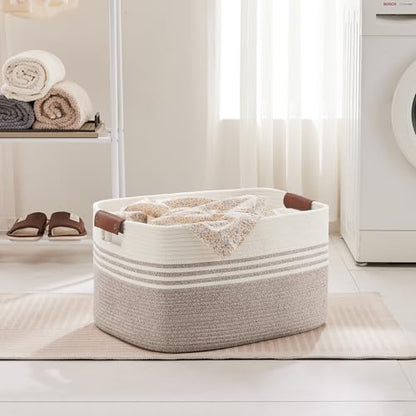 72L Large Woven Laundry Basket Hamper with Leather Handles,Brown | collapsible wicker hamper, storage for dirty clothes, toys, blankets, gifts, living room, bedroom, bathroom, 22"x17"x12"