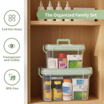 2-Pack Clear Medicine Storage Box Set with Pill Organizer | Portable Stackable with Built-in Handle, Clear View, Divided Tray, Plastic Medicine Cabinet Organizer for Home, Dorm, Travel