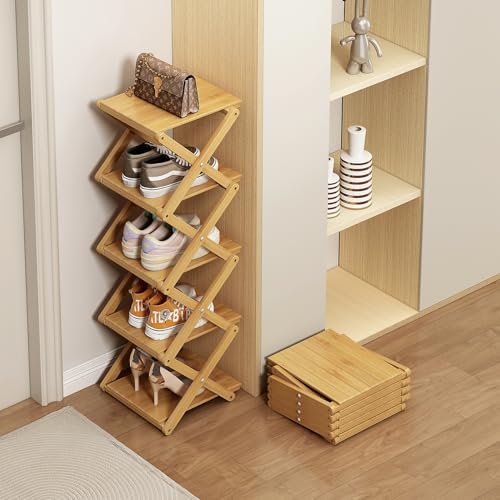 Bamboo Shoe Rack - No Assembly Required, Tall Narrow Foldable Shoe Organizer, Space-Saving Multifunctional Shelf for Entryways, Corners, Bedrooms, Balconies, 4 Layer(Reinforced and Thickened)