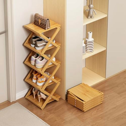 Bamboo Shoe Rack - No Assembly Required, Tall Narrow Foldable Shoe Organizer, Space-Saving Multifunctional Shelf for Entryways, Corners, Bedrooms, Balconies, 4 Layer(Reinforced and Thickened)