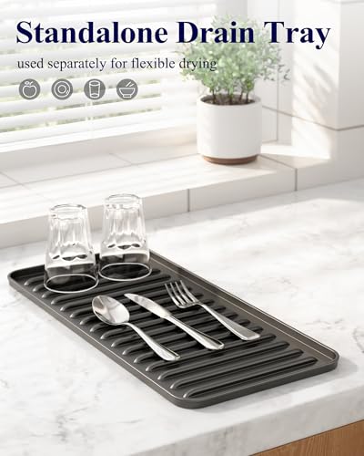 Kitsure Expandable Dish Rack for Kitchen Counter, Medium, Black | Over Sink Or In Sink Dish Drying Rack, Dish Drainer with Cutlery Holder & Drip Tray, 14.0"-20.9"L x 6.3"W x 8.0"H