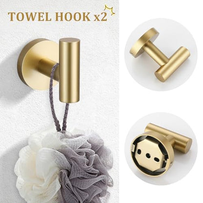 TURS Brushed Gold 5 Piece Bathroom Hardware Set, SUS304 Stainless Steel 24 Inch Bath Towel Bar Set, Round Bathroom Accessories Kit Wall Mounted