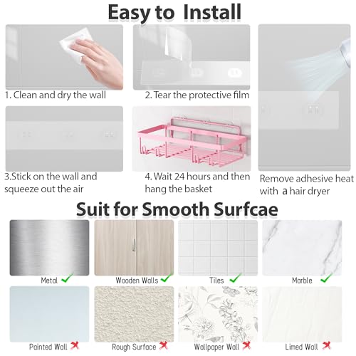 5 Pack Shower Caddy for Inside Shower, Pink Bathroom Decor Set | Large Rustproof Stainless Steel Organizer with Strong Adhesive, No Drilling Wall Shelves, Cute Girly Bathroom Accessories
