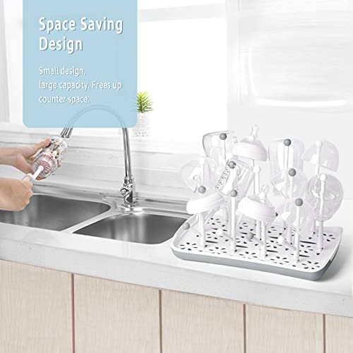 Termichy Baby Bottle Drying Rack: Space-Saving with 13 Hooks & Drain Tray | Compact Drying Stand for Bottles, Pacifiers & Pump Parts - Kitchen Counter Organizer for Nursing Moms Grey