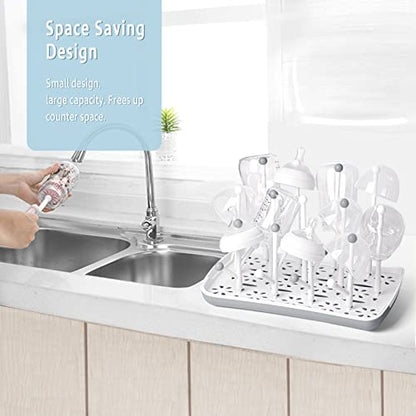 Termichy Baby Bottle Drying Rack: Space-Saving with 13 Hooks & Drain Tray | Compact Drying Stand for Bottles, Pacifiers & Pump Parts - Kitchen Counter Organizer for Nursing Moms Grey