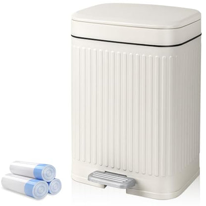 Small Bathroom Trash Can with Lid, 2.1 Gallon Soft Close Step Can, Cream | Slim Garbage Can with Pedal for Office, Bedroom & Kitchen, Narrow Plastic Waste Bin Container for Small Spaces