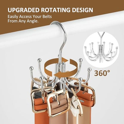 2 Pack Belt Hanger, Belt Organizer for Closet 360° Rotatable | Heavy-Duty Metal Belt Holder with 16 Hooks, Holds Up to 48 Belts, Hanging Belt Storage Rack for Closet, Space Saving