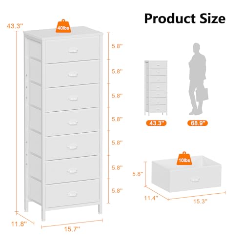 White Tall Dresser for Bedroom, Chest of Drawer with Fabric Drawer | Tall Skinny Dresser with 7 Drawers, Metal Frame, Wooden Top, Dorm Vertical Closet, Bedside Furniture in Living Room