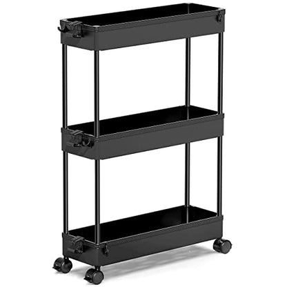 Slim Rolling Storage Cart, 3 Tier Bathroom Storage... (Black | Plastic)