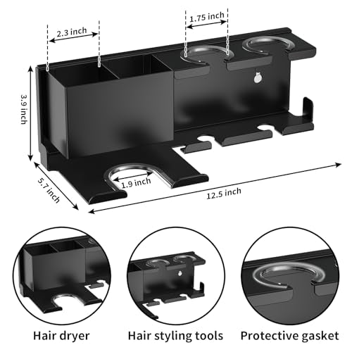 YSD Hair Dryer Holder Wall Mounted Metal Self Adhesive/Screw Organizer | 4 in 1 Hair Tool Organizer Blow Dryer Holder with Curling Iron and Straightener Holder for Bathroom, Black