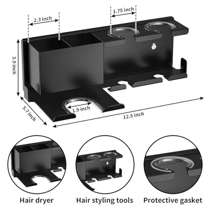 YSD Hair Dryer Holder Wall Mounted Metal Self Adhesive/Screw Organizer | 4 in 1 Hair Tool Organizer Blow Dryer Holder with Curling Iron and Straightener Holder for Bathroom, Black