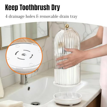 JEESA Dustproof Toothbrush Holder Organizer with Drainage, White | Sliding Door Cover, 360 Rotating, 3 Slots, Bathroom Countertop