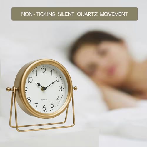 EMAX HOME Vintage Golden Table Clock - Elegant Battery Operated Office, Living Room, and Bedroom Clock with Minimalist Design Gold Table Decor 22x19.5x5.5cm