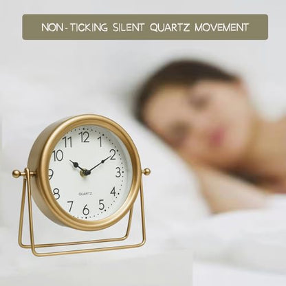 EMAX HOME Vintage Golden Table Clock - Elegant Battery Operated Office, Living Room, and Bedroom Clock with Minimalist Design Gold Table Decor 22x19.5x5.5cm