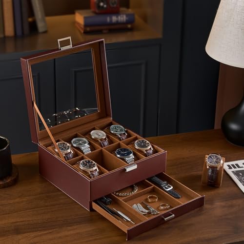 ProCase Watch Case, 8 Slot Mens Watch Box with Drawer -Espresso | 2-Layer Jewelry Box Display Case Holder Organizer for Men, Clear Lid, Dad Friend Father Anniversary Christmas Birthday Gift